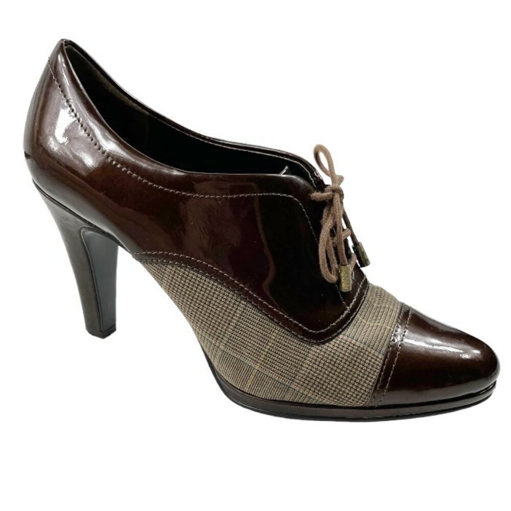 Anne Klein Magalaxy Brown Patent Leather & Plaid High Heeled Oxfords Size 8.5 M